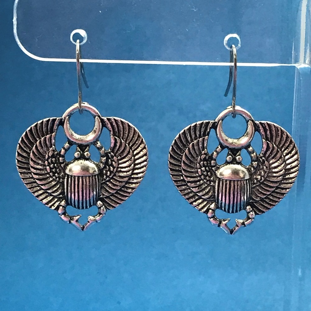 Egyptian Sacred Scarab Beetle Silver Tone Earrings 0268